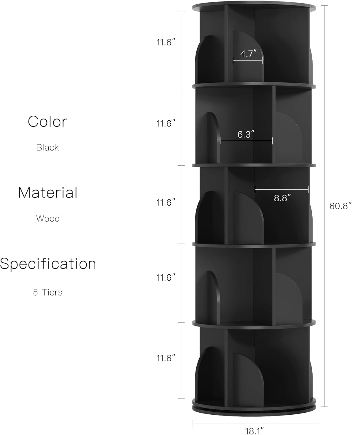 YOWOS Rotating Bookshelf, Small Corner Bookshelf for Small Space, 360 Display Floor Standing Bookcase Storage Rack, Wood Narrow Book Shelf Organizer for Bedroom, Living Room (Black, 5 Tiers)