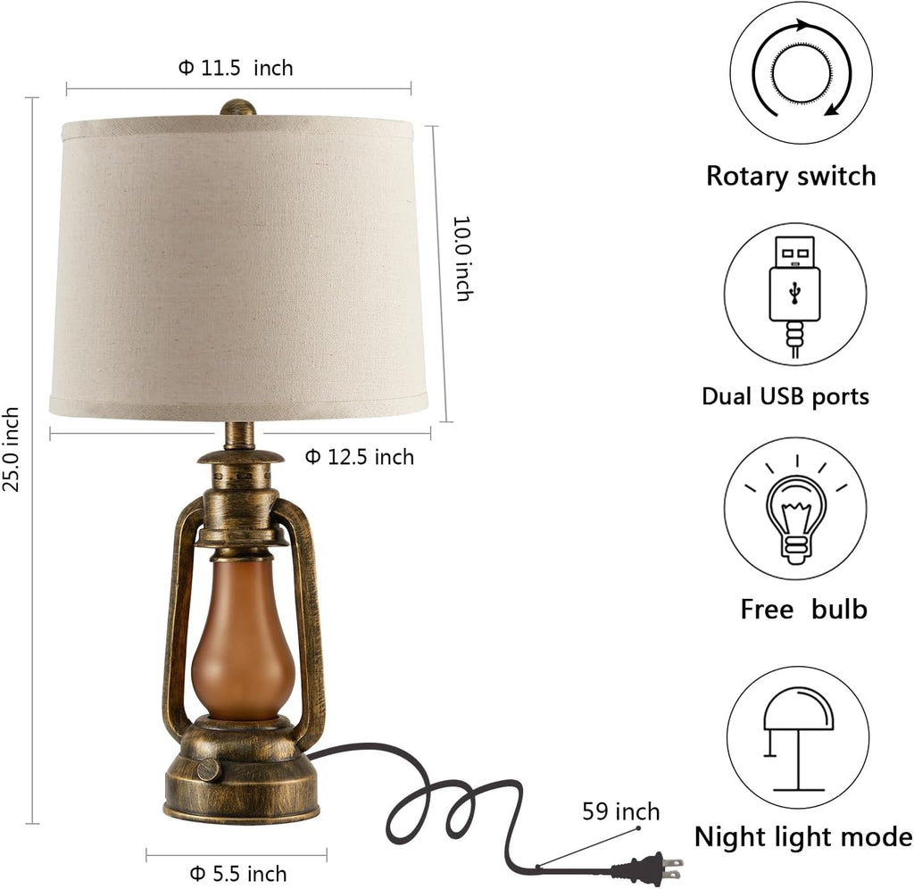 25' Set of 2 Rustic Lantern Table Lamps for Living Room Bedroom, 2 USB Ports Farmhouse Vintage Bedside Desk Lamp Nightlight for Entryway Office End Table, 4 Bulbs Included