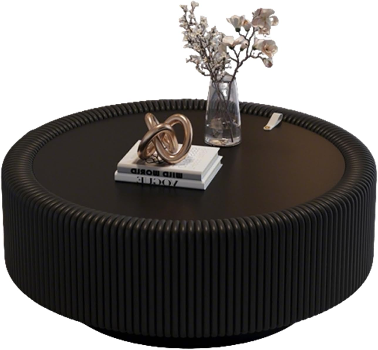 31.5'' Round Coffee Table with Storage, Modern Circle Fluted Drum Pedestal Coffee Table for Living Room, Tempered Glass Moveable Lid & PU Leather Body & Baked Enamel Leg, Black