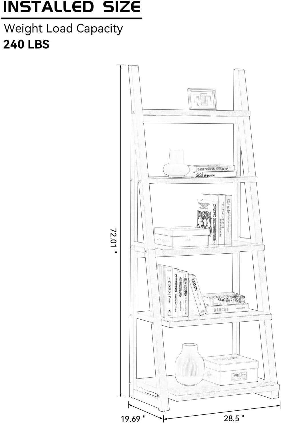 Ladder Shelf, 5-Tier Bookshelf Bookcase, Freestanding Corner Storage Shelves with Wood Frame for Home Office, Living Room, Kitchen, Bedroom, Grey+White