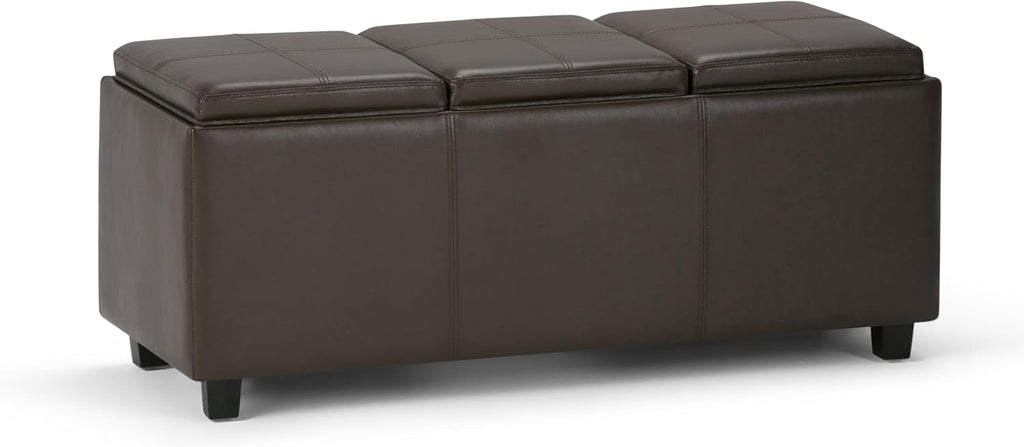 SIMPLIHOME Avalon Storage Ottoman - 42 inch Wide Upholstered Vegan Leather Rectangular Flip-Top Ottoman in Chocolate Brown, Contemporary Coffee Table Ottoman for Living Room with Hidden Storage