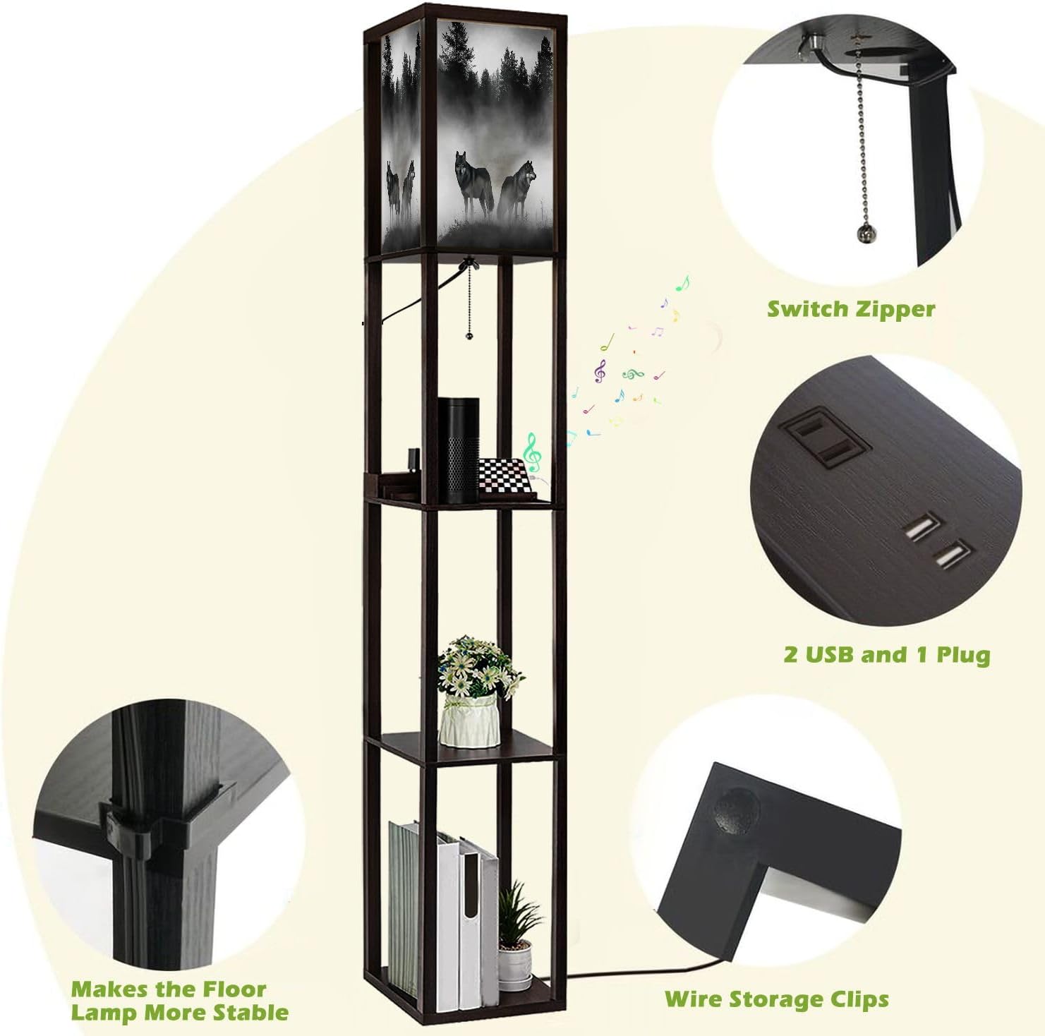 Floor Lamp with Shelves 3D Render Timber Wolfs Standing Tall Lamp USB Ports & Power Outlet Modern Corner Lamp Nightstand Light for Living Room Bedroom