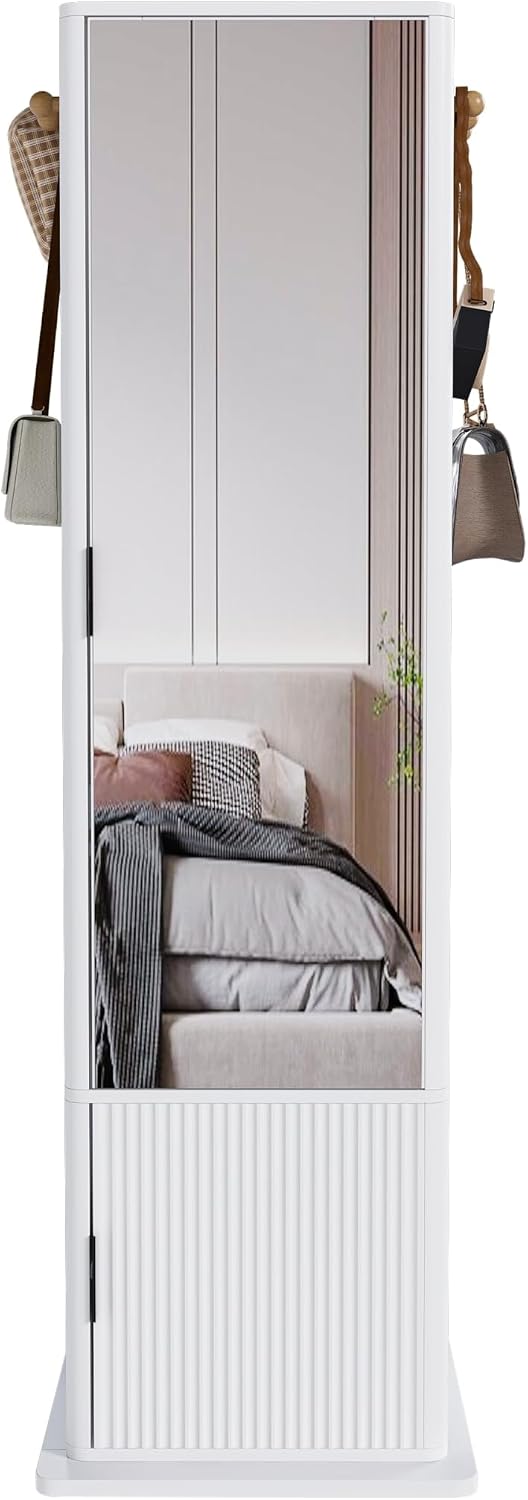 360 Rotating Jewelry Armoire with Full Length Mirror, Freestanding Vanity Organizer, 4 Tier Bookshelf, Hidden Cosmetic Cabinet, Side Hooks, Bedroom Entryway Space Saving Display Tower (White)