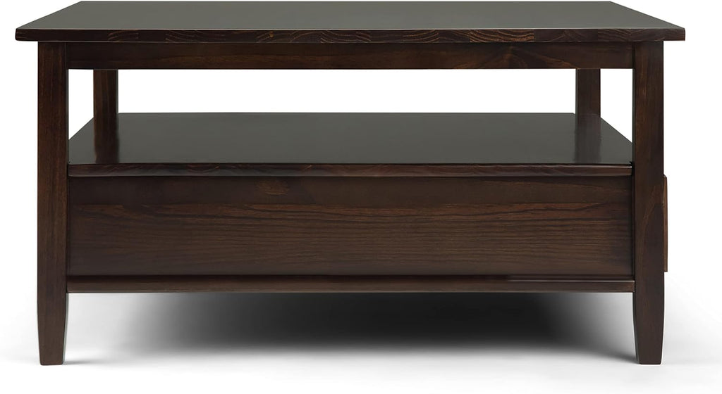 SIMPLIHOME Warm Shaker Square Coffee Table - 36 inch Wide Solid Wood Cocktail Table in Tobacco Brown, Transitional Living Room Table with Large Storage Drawer and Open Shelf for Sitting Area