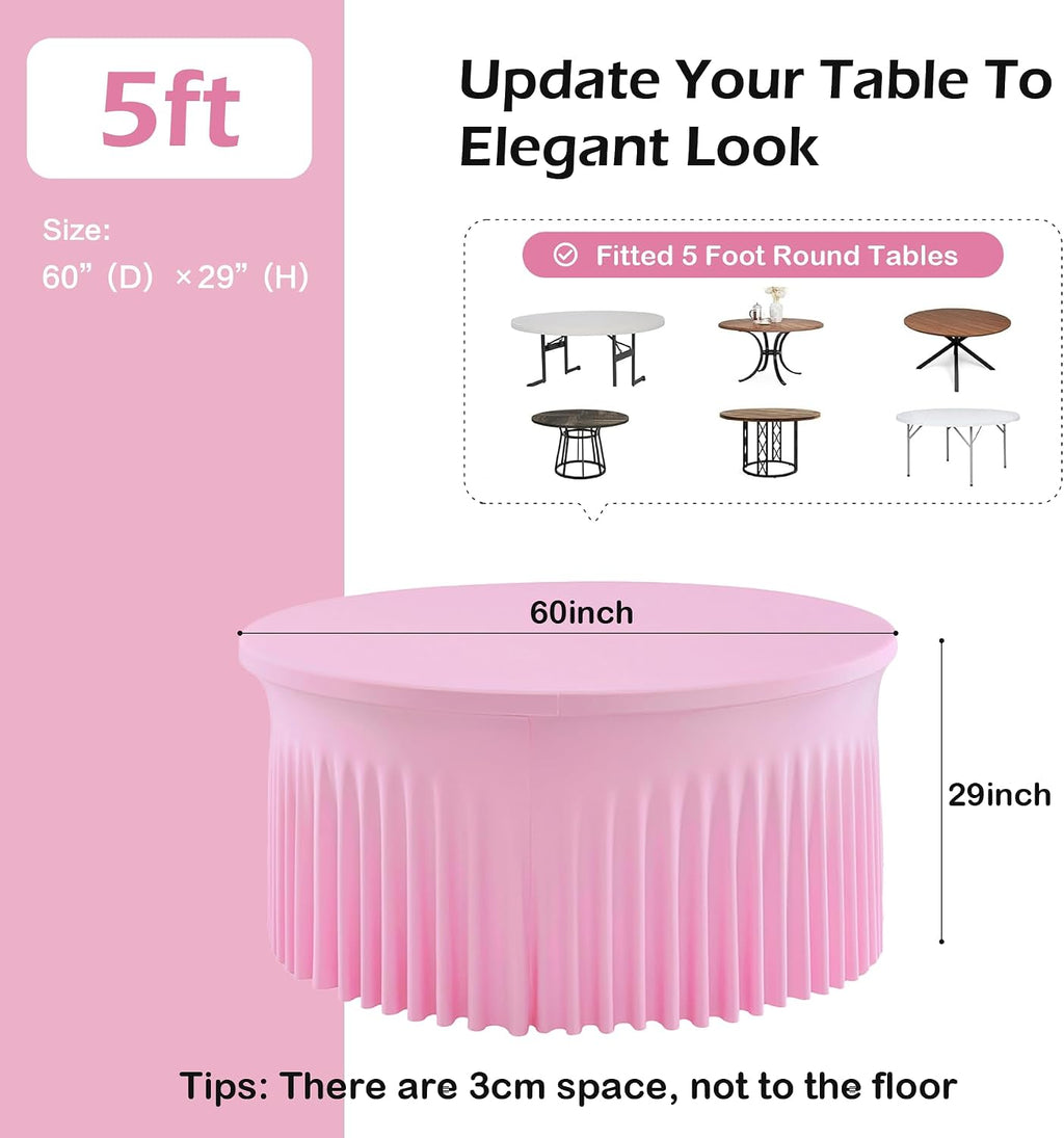 NSSONBEN 6 pk Baby Pink Round Spandex Tablecloths 60 in with Ruffled Skirt,Wrinkle Free High-Stretch 120 inch Pink Table Cloth Fitted 6ft Round Tables,Spandex Table Covers 6ft for Girl Party Banquet
