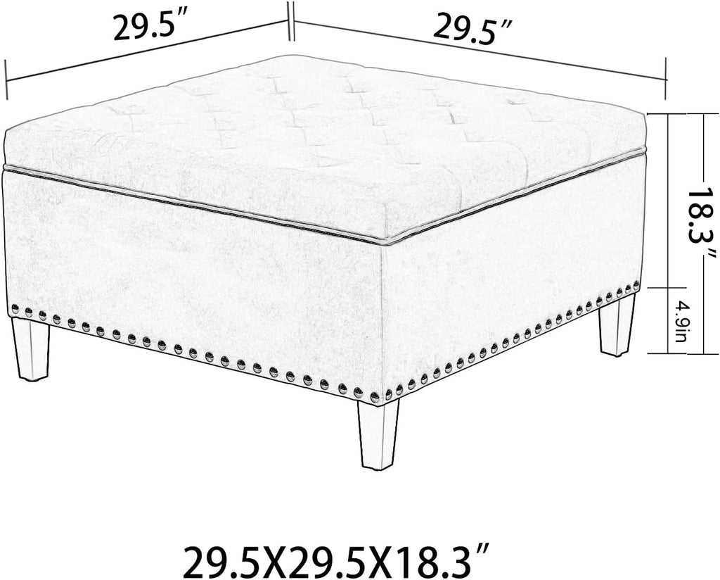 Homebeez Storage Ottoman Bench for Living Room, Tufted Square Coffee Table Footstool Footrest with Wood Legs (Grey)