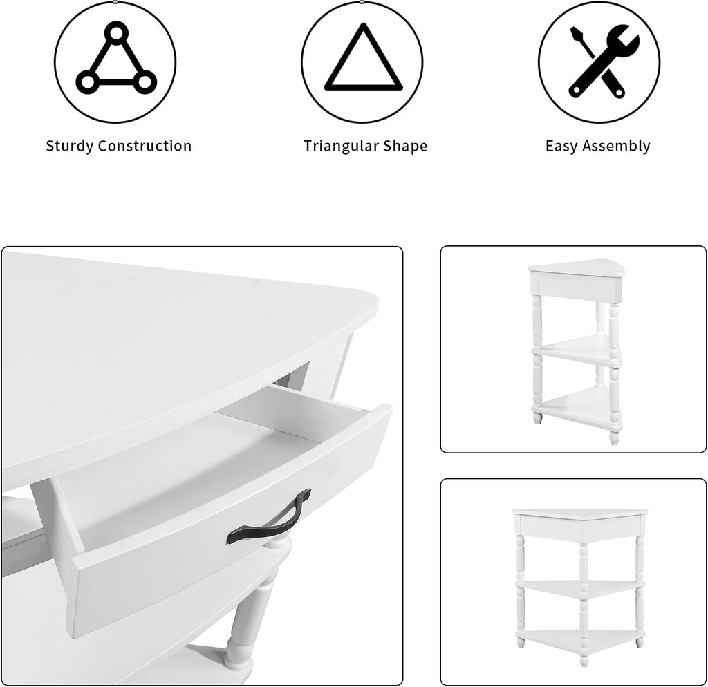 33.86' Corner Table, Wood 3 Tier Triangle Side Table Corner Shelf Stand with Solid Wood Legs 1 Drawer & 2 Storage Shelves for Living Room Small Space (Milk White)