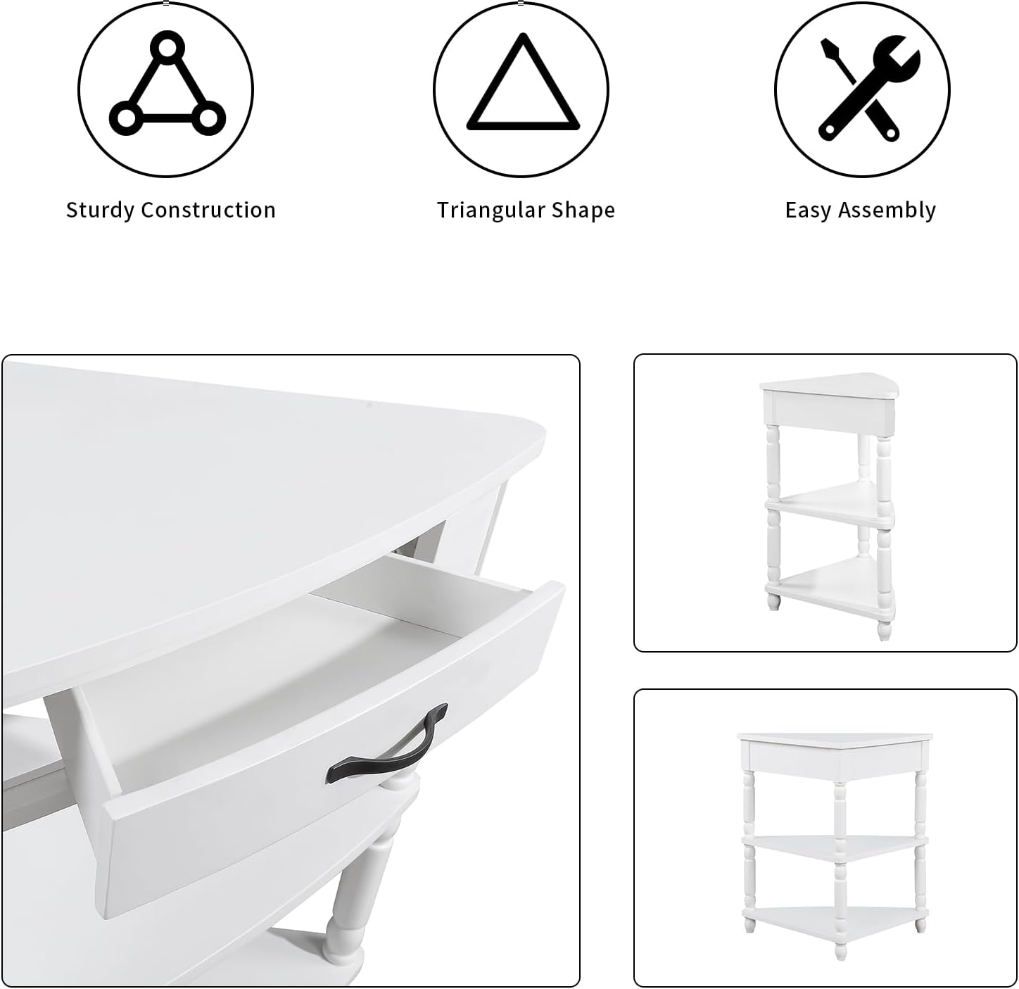 33.86' Corner Table, Wood 3 Tier Triangle Side Table Corner Shelf Stand with Solid Wood Legs 1 Drawer & 2 Storage Shelves for Living Room Small Space (Milk White)