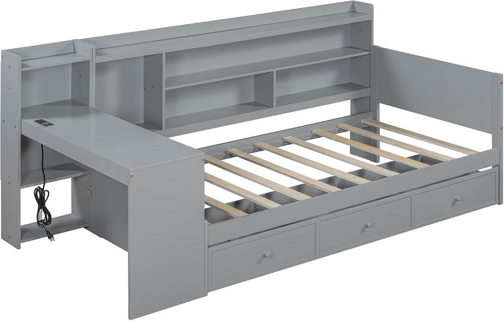 Twin Size Daybed Frame with Desk and 3 Storage Drawers & USB Port Shelves Headboard, Pinewood Corner Bed, Twin Captain Bed for Small Room, Bedroom, Guest Room,Gray