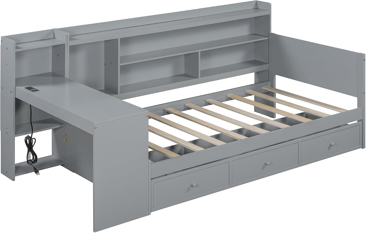 Twin Size Daybed Frame with Desk and 3 Storage Drawers & USB Port Shelves Headboard, Pinewood Corner Bed, Twin Captain Bed for Small Room, Bedroom, Guest Room,Gray
