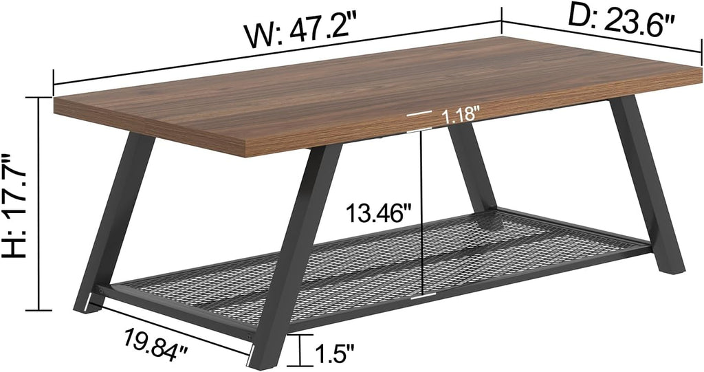 FOLUBAN Modern Coffee Tables for Lliving Room, Retro Wood and Metal Coffee Table with Storage, 2-Tier Industrial Rectangle Cocktail Tea Table, Walnut, 47 Inch