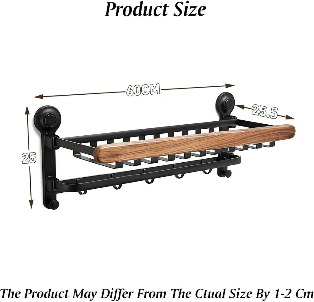 Space Aluminum+Wood Towel Rack,Double Layer Bar Wall Mounted,with Double Foldable Shelf,Mesh Basket and Hooks,for Bedroom Bathroom