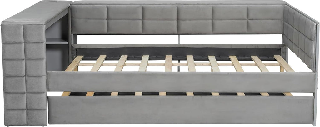 SOFTSEA Full Size Daybed with Trundle & Desk, Velvet Corner Bed with USB Ports, Storage Shelves for Living Room Bedroom, L-Shaped Day Bed Frame with Trundle for Kids Teens Adults, Grey