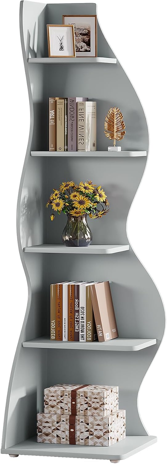 Tribesigns Wavy Corner Shelf Set of 2, Modern 5-Tier Bookshelf Etagere Bookcase with Curvy Shape, Unique Plant Stand Display Shelf for Living Room Small Space (Blue)