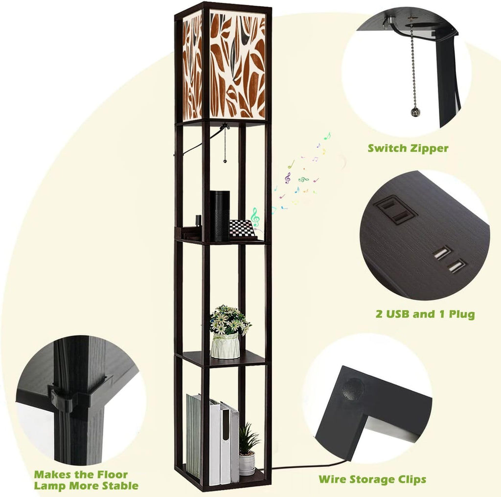 Floor Lamp with Shelves Hand drawn minimal abstract autumn pattern Collage contemporary print Standing Tall Lamp USB Ports & Power Outlet Modern Corner Lamp Nightstand Light for Living Room Bedroom