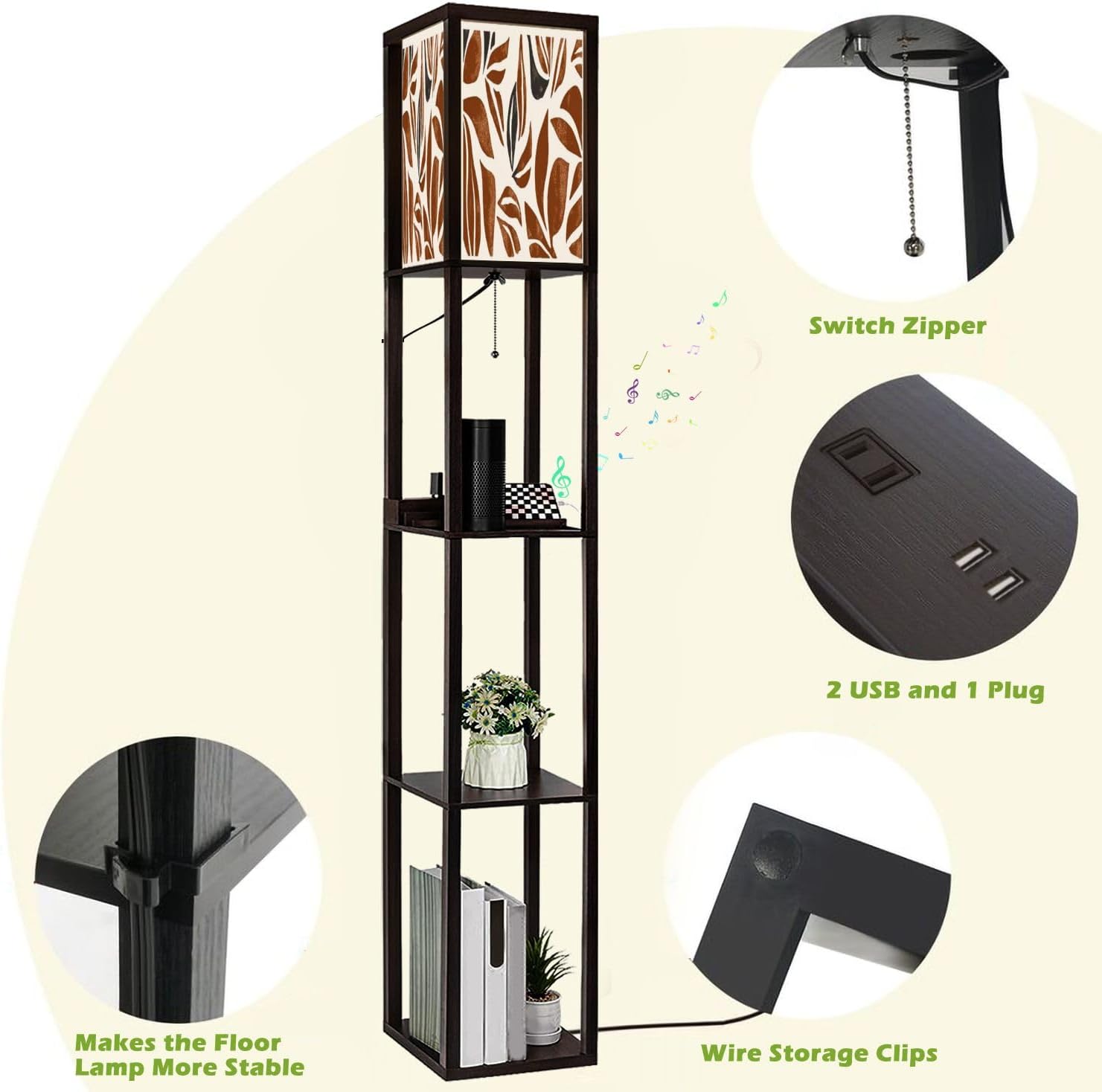 Floor Lamp with Shelves Hand drawn minimal abstract autumn pattern Collage contemporary print Standing Tall Lamp USB Ports & Power Outlet Modern Corner Lamp Nightstand Light for Living Room Bedroom