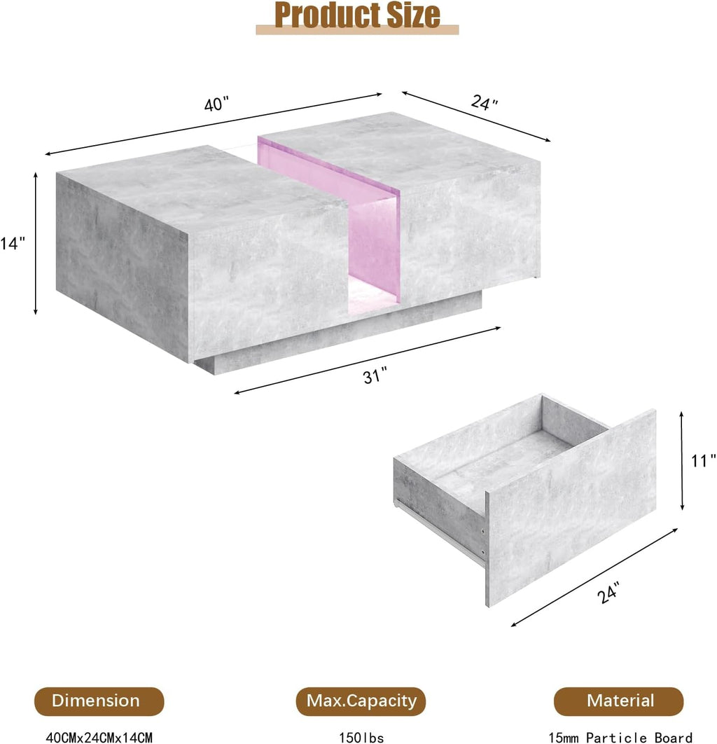 HedoAjim Grey Led Coffee Table for Living Room, Rectangular Living Room Table with Storage, Acrylic Coffee Tables with 2 Sliding Drawers, Wood Center Table for Reception Dinning Room