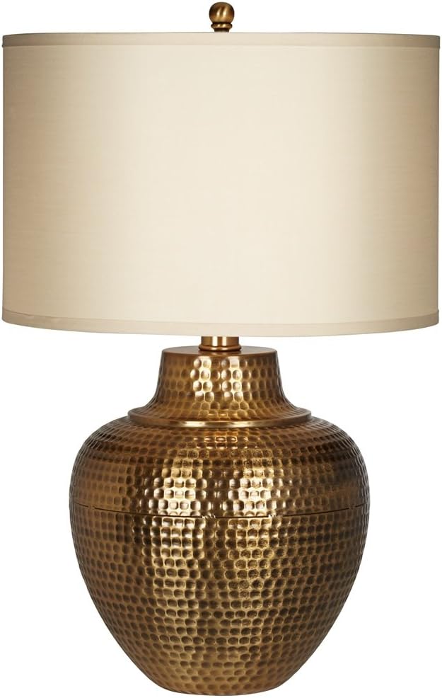 Franklin Iron Works Maison Loft Rustic Farmhouse Table Lamp 27' Tall Hammered Antique Brass Cream Linen Drum Shade for Living Room Bedroom Bedside Nightstand Office Family Traditional