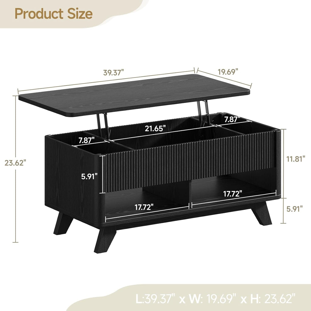 ONBRILL Farmhouse Lift Top Coffee Table, Mid Century Modern Coffee Table with Hidden Storage Compartment, Fluted Rising Pull up Wood Modern Center for Living Room, Office, Black
