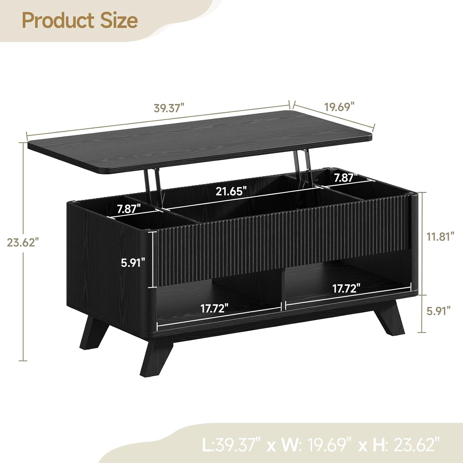 ONBRILL Farmhouse Lift Top Coffee Table, Mid Century Modern Coffee Table with Hidden Storage Compartment, Fluted Rising Pull up Wood Modern Center for Living Room, Office, Black