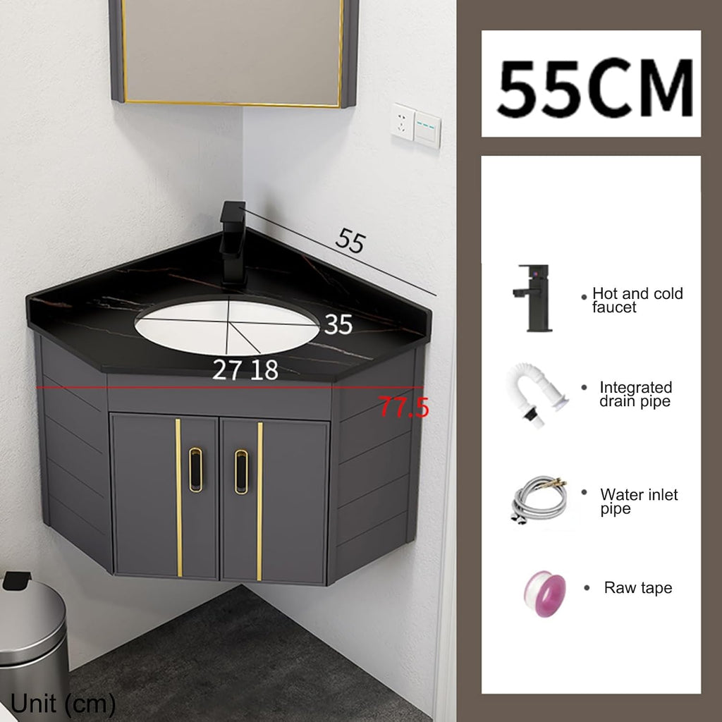 Bathroom Vanity Cabinet,Small Wall Mount Corner Sink,Bathroom Vanity w/Rock Board Top,Bathroom Ceramic Triangle Wall Mounted Mini Vanity Space Sink with Soft-Close System and Black Faucet(Black)