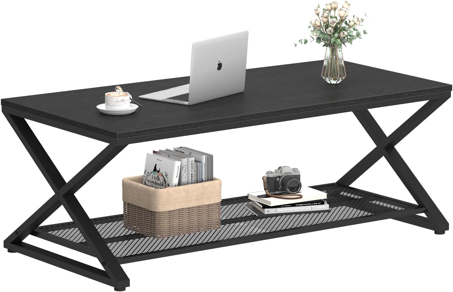 LVB Black Coffee Table, Wood Metal 2 Tier Center Tables with Storage Shelf, Modern Rectangular Concrete Tea Table for Living Room, Wooden Middle Cocktail Table for Office Bedroom, 47 inch, Black Oak