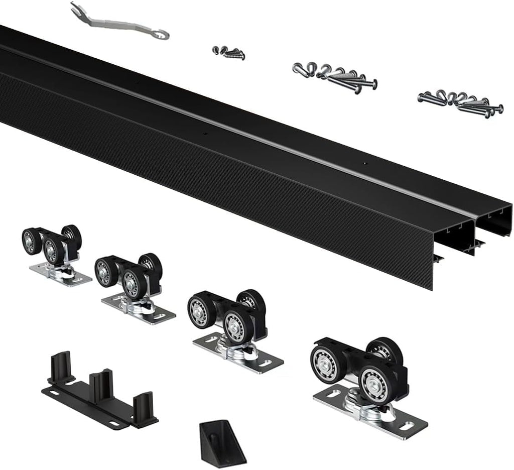 Heavy Duty Bypass Sliding Closet Door Track Hardware 144', 12 FT Aluminium Track Rail Set, Smoothly and Quietly, for 4 Door System,Black