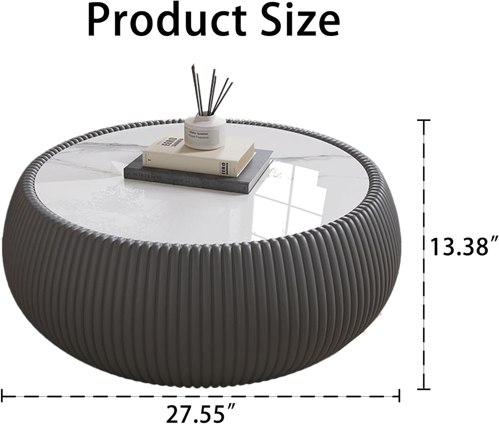 Grey Round Coffee Table with Sintered Stone Tabletop, 27.55' Drum Coffee Table with Fluted PU Leather Covered and Stable Base, Circle Cocktail Tea Table for Living Room