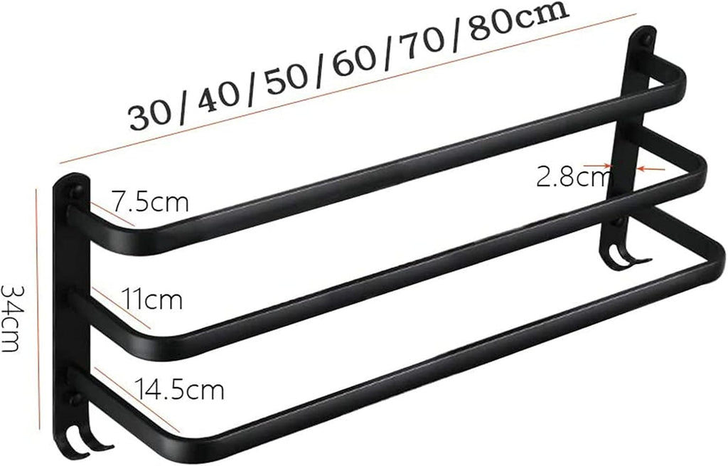 Wall Mounted Matte Black Aluminum Double Bar Towel Rail Self Adhesive Bathroom Towel Rack Hanger and Holder for Space Saving Bathroom Storage (80cm)
