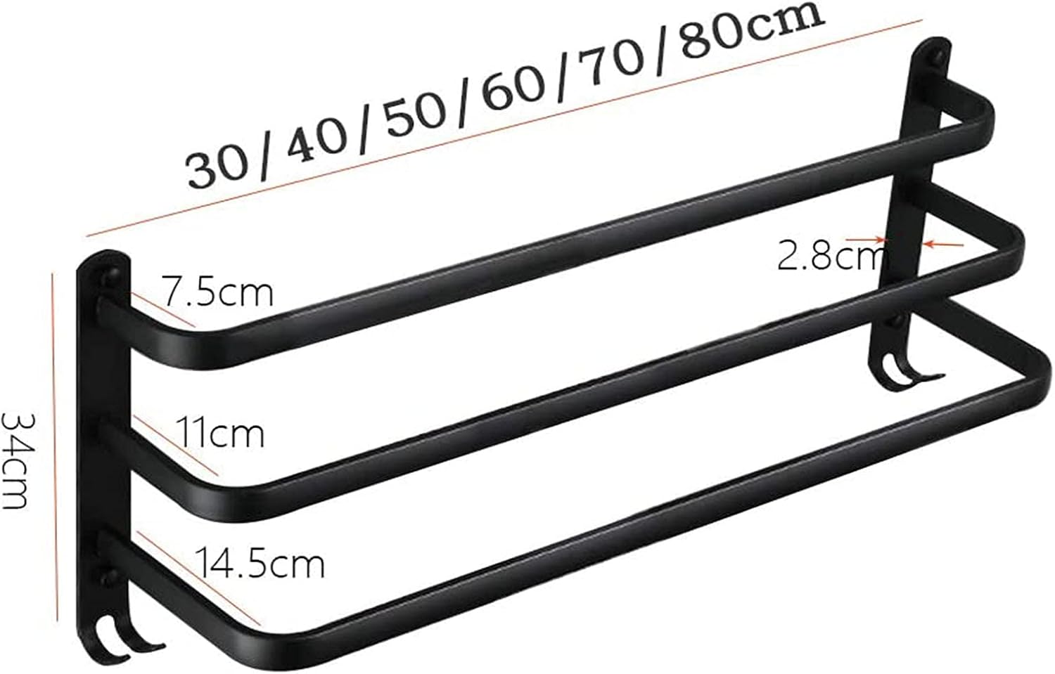 Wall Mounted Matte Black Aluminum Double Bar Towel Rail Self Adhesive Bathroom Towel Rack Hanger and Holder for Space Saving Bathroom Storage (80cm)