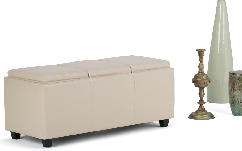 SIMPLIHOME Avalon Storage Ottoman - 42 inch Wide Upholstered Vegan Leather Rectangular Flip-Top Ottoman in Satin Cream, Contemporary Coffee Table Ottoman for Living Room with Hidden Storage
