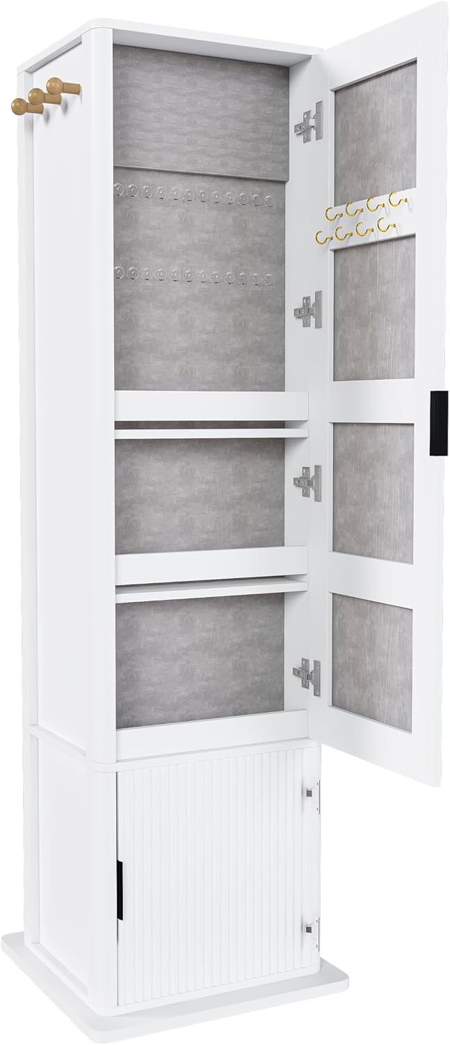 360° Rotating Makeup Storage Cabinet with Full-Length Mirror, Jewelry Armoire Organizer, Freestanding Bookshelf Tower, Coat Hook Stand, Hidden Shelves, Space-Saving Bedroom Furniture (White)