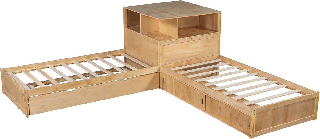 RuiSiSi Twin L-Shaped Bed with Trundle, LED Light & Storage Cabinets, Corner Bed with Frame Desk and Shelves for 3 Kids, Wood L-Shaped Platform Bed with Bookcase, Natural