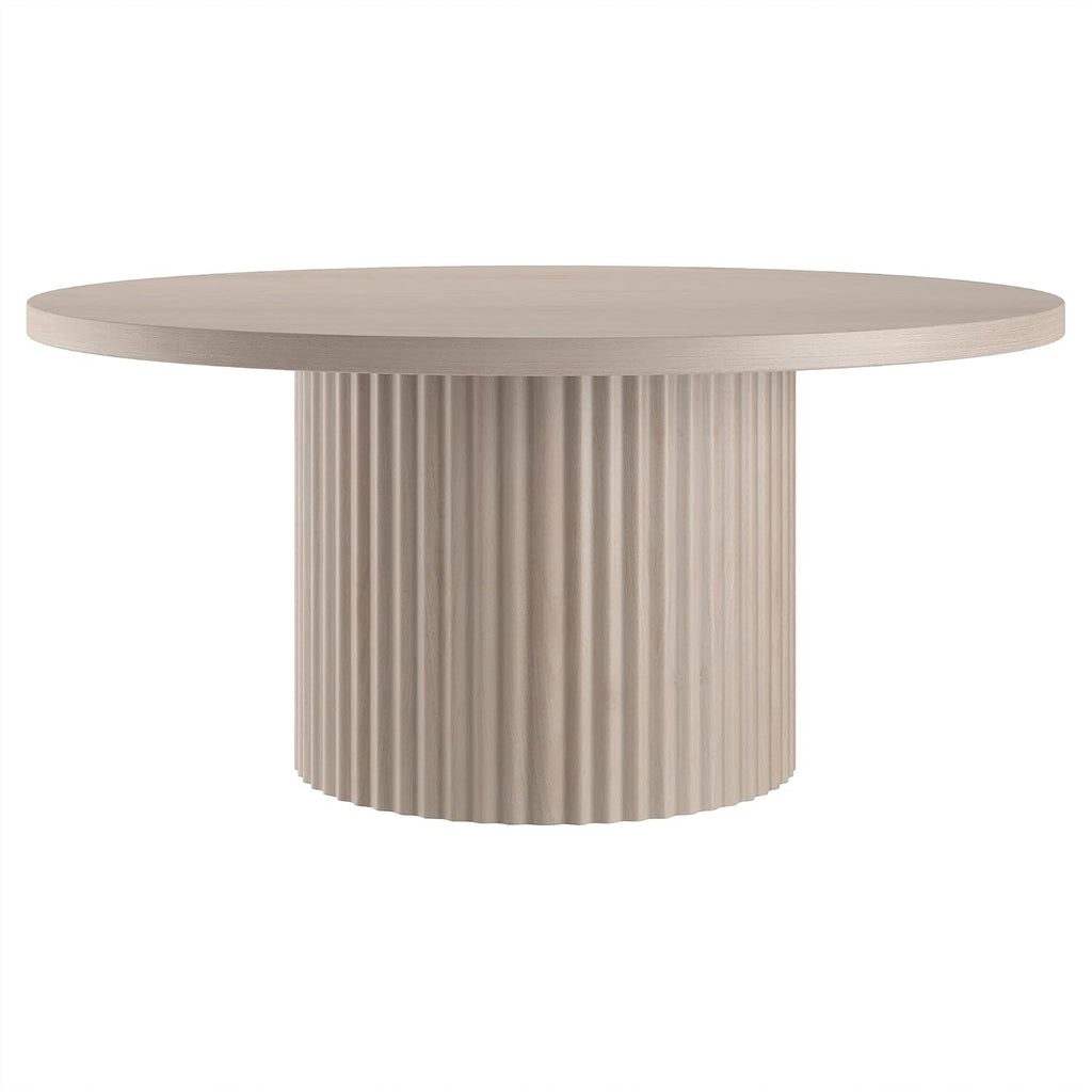Henn&Hart 32' Fluted Round Wooden Pedestal Low-Profile Coffee Table with Ribbed Pedestal Base for Living Room, Family Room, Office, or Apartment, Beech White