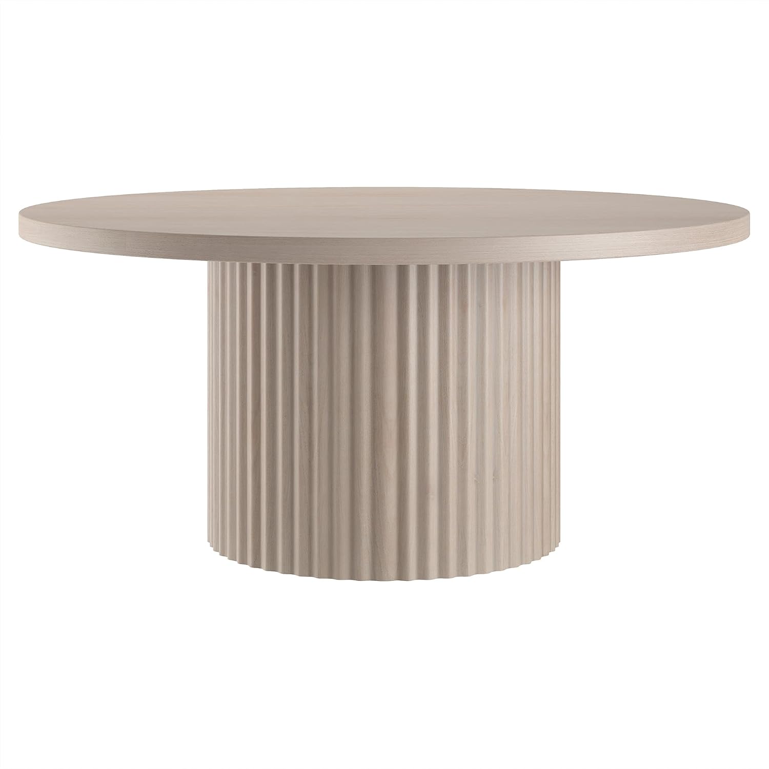 Henn&Hart 32' Fluted Round Wooden Pedestal Low-Profile Coffee Table with Ribbed Pedestal Base for Living Room, Family Room, Office, or Apartment, Beech White