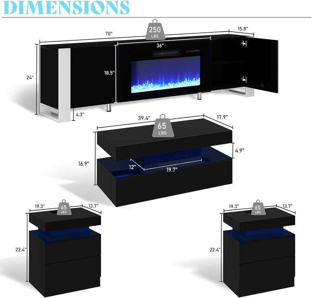 VanAcc 4-Piece Living Room Table Set, 70' Fireplace TV Stand with High Gloss Doors, Modern Coffee Table, LED Light End Table, High Glossy Table Sets for Living Room, Black