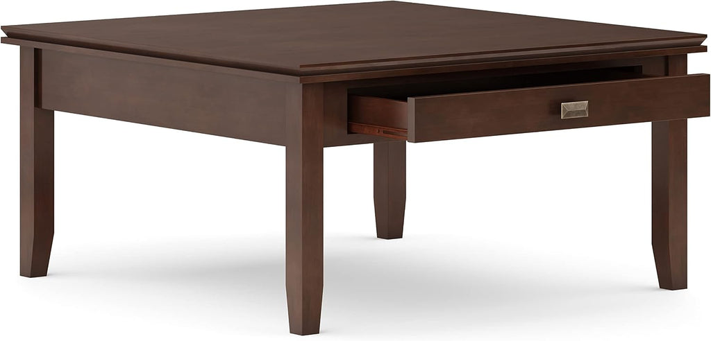 SIMPLIHOME Artisan Square Coffee Table - 36 inch Wide Solid Wood Transitional Cocktail Table in Russet Brown, Classic Living Room Table with Slatted Open Shelf and Contemporary Framed Top Design