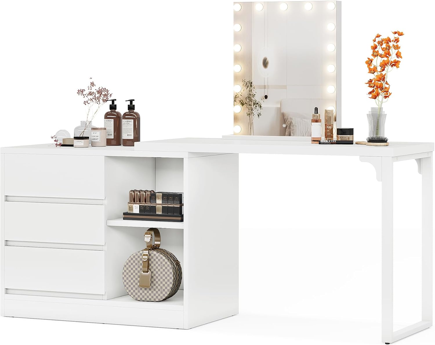 Tribesigns Vanity Desk with 3 Drawers and 2 Shelves, Small Makeup Table with Reversible Adjustable Storage Cabinet, Modern Corner Dressing Table for Bedroom, Makeup Room (Without Mirror) (Matte White)