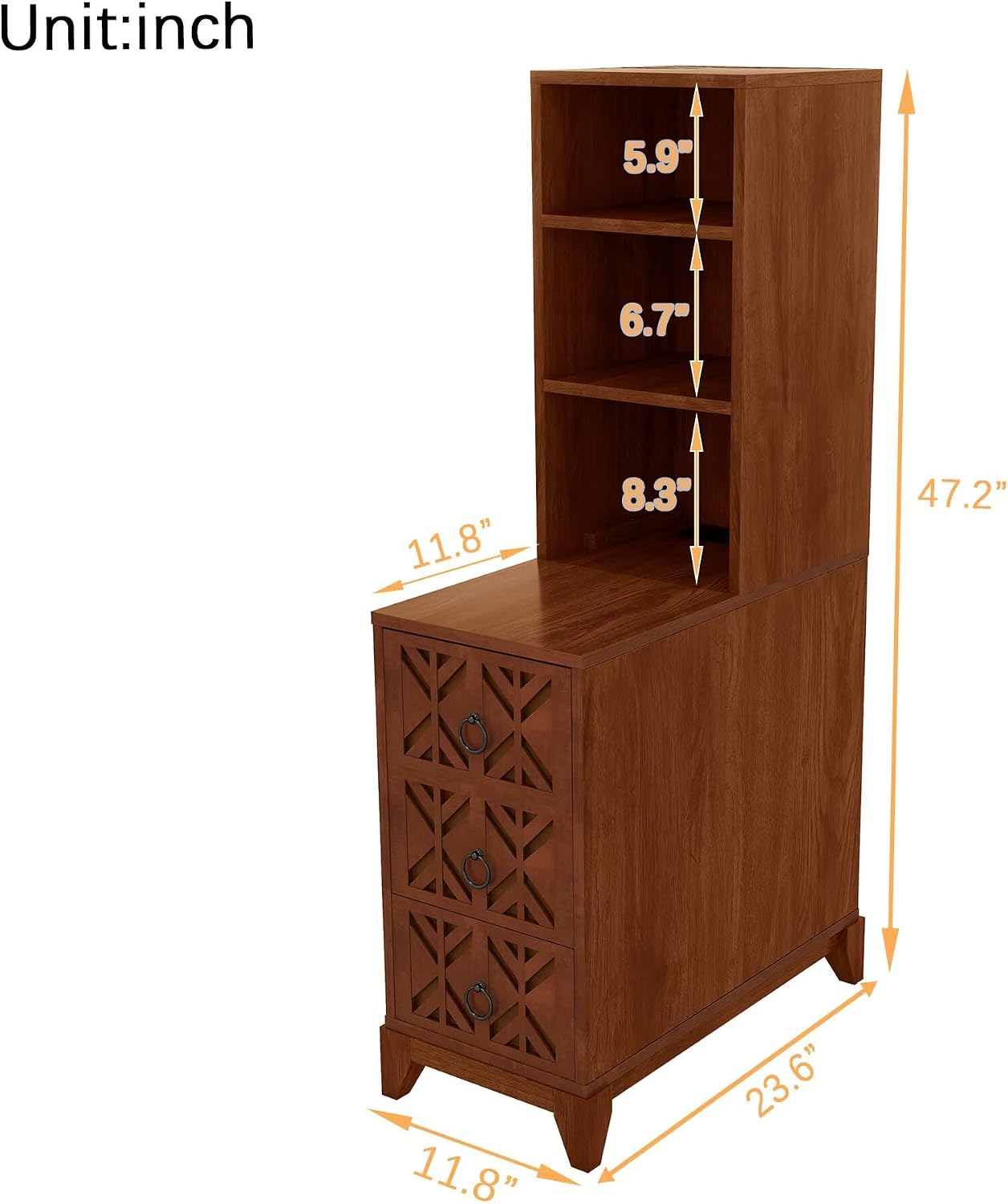 JIJIWANG 23.6' L End Table with 3 Drawers, Corner Table with 2 Open Shelves, Tall Side Table for Bedroom and Corner, Walnut,Expect Arrival Date, Natural