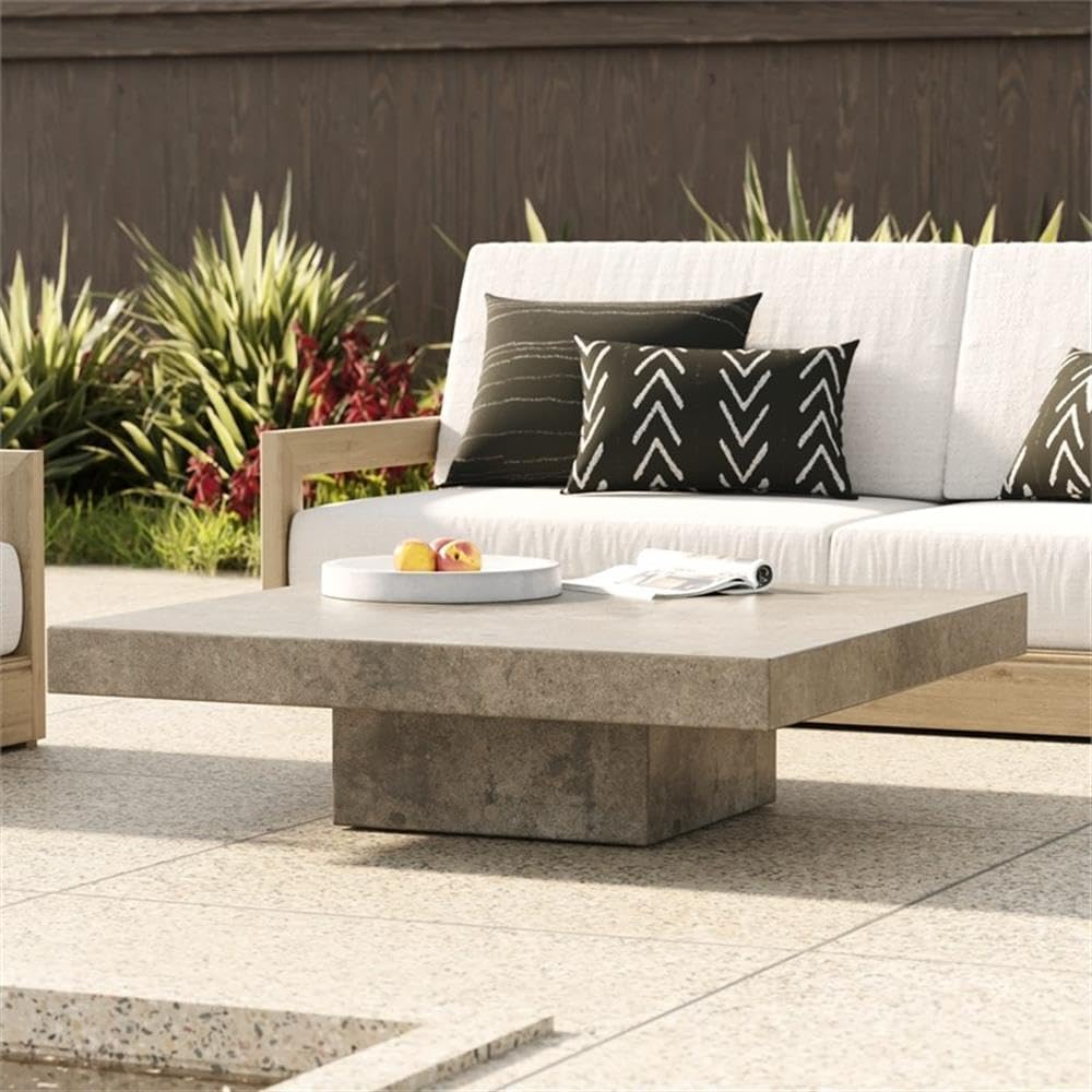 Pemberly Row Square Modern Concrete Coffee Table, 43 x 43 x 12 in, Fiber Reinforced Stone, Dark Gray Acrylic Sealed Finish, Elegant Sturdy Design for Living Room or Outdoor Use