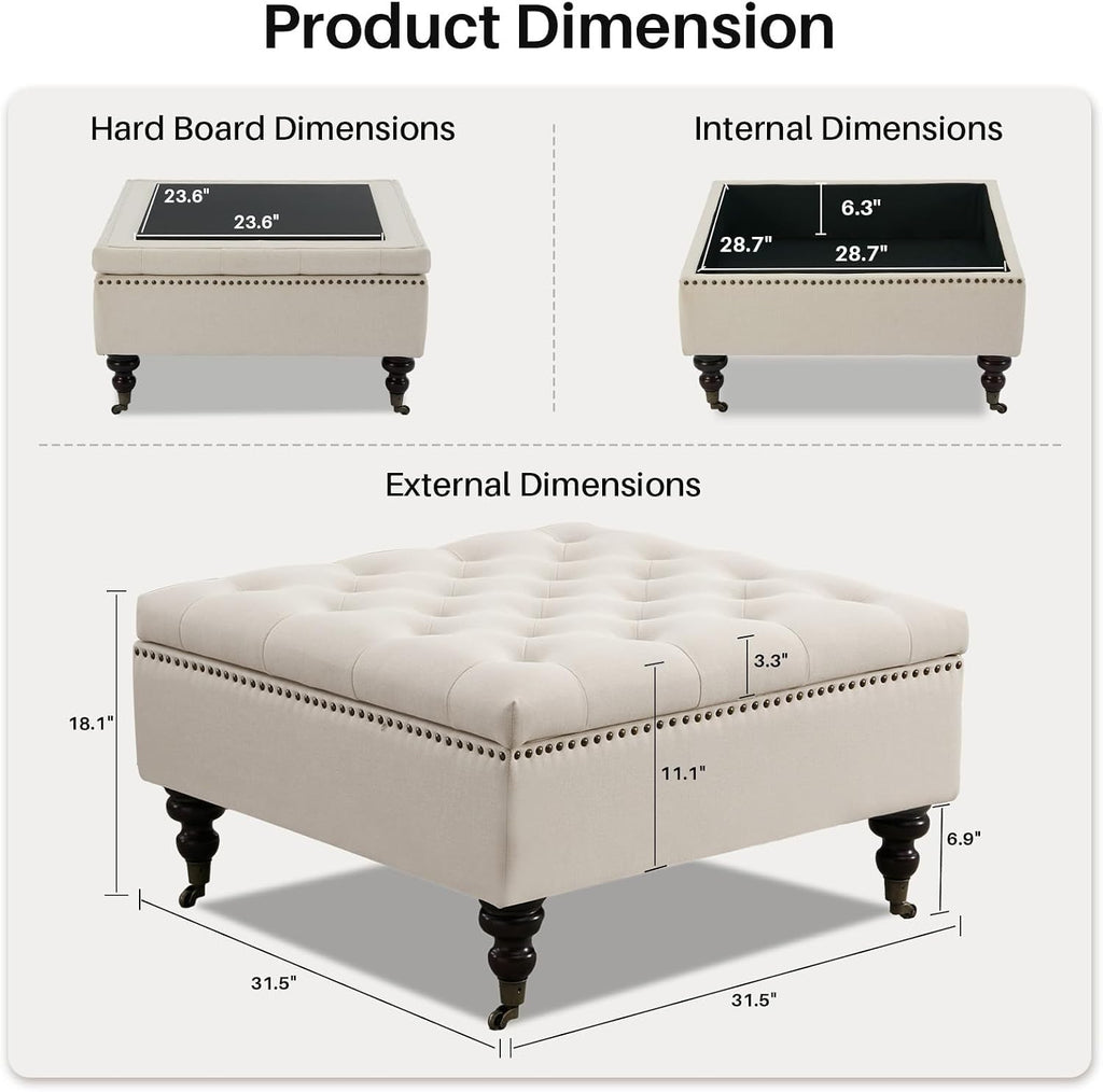4-in-1 Square Storage Ottoman Bench with Rolling Wheels,Large Ottoman with Storage,Upholstered Coffee Table for Living Room/Bedroom,Beige