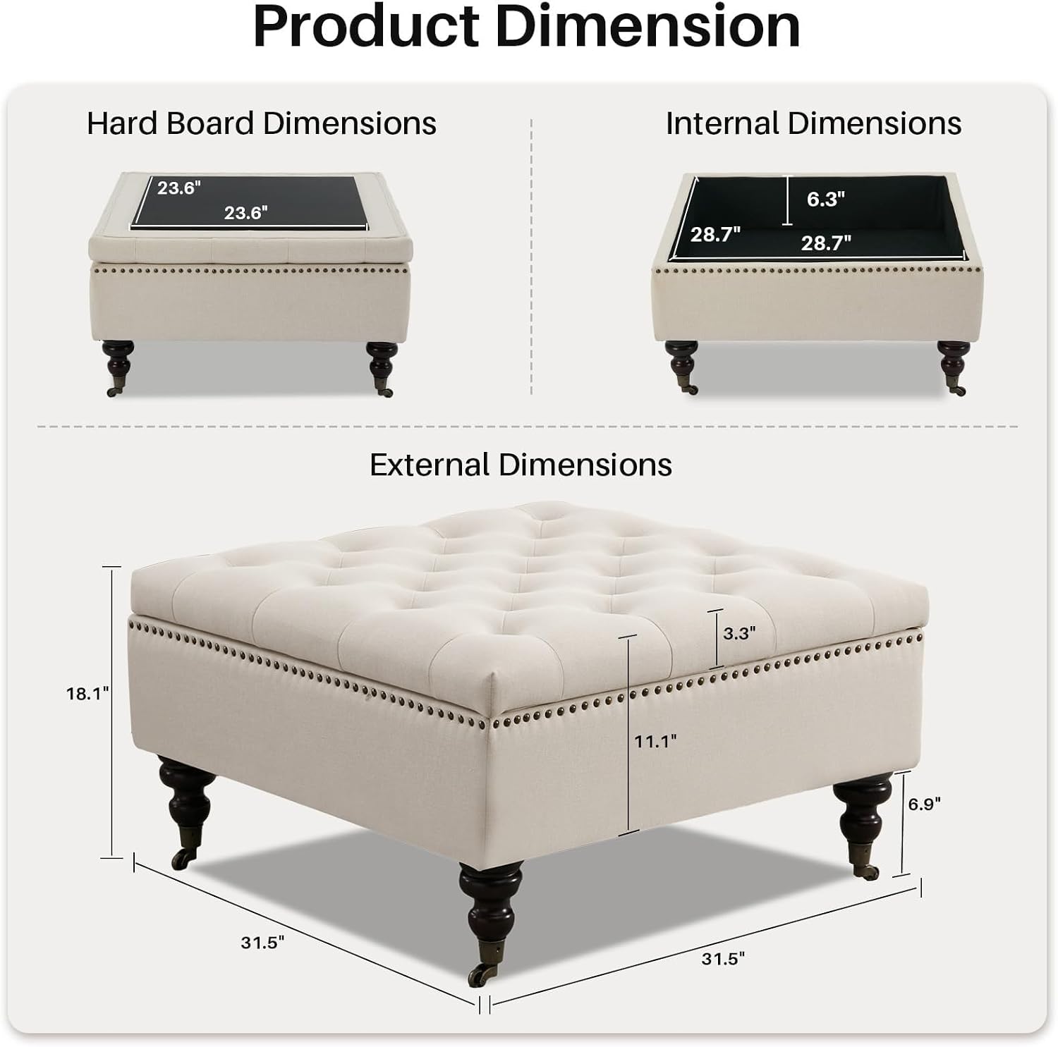 4-in-1 Square Storage Ottoman Bench with Rolling Wheels,Large Ottoman with Storage,Upholstered Coffee Table for Living Room/Bedroom,Beige