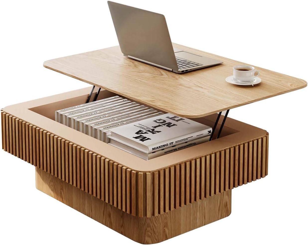 Lift Coffee Table with Storage & Adjustable Height, Solid Wood Coffee Table Fluted Center Table Accent Tea Table or Living Room, Apartment, Office (38.6' Natural)