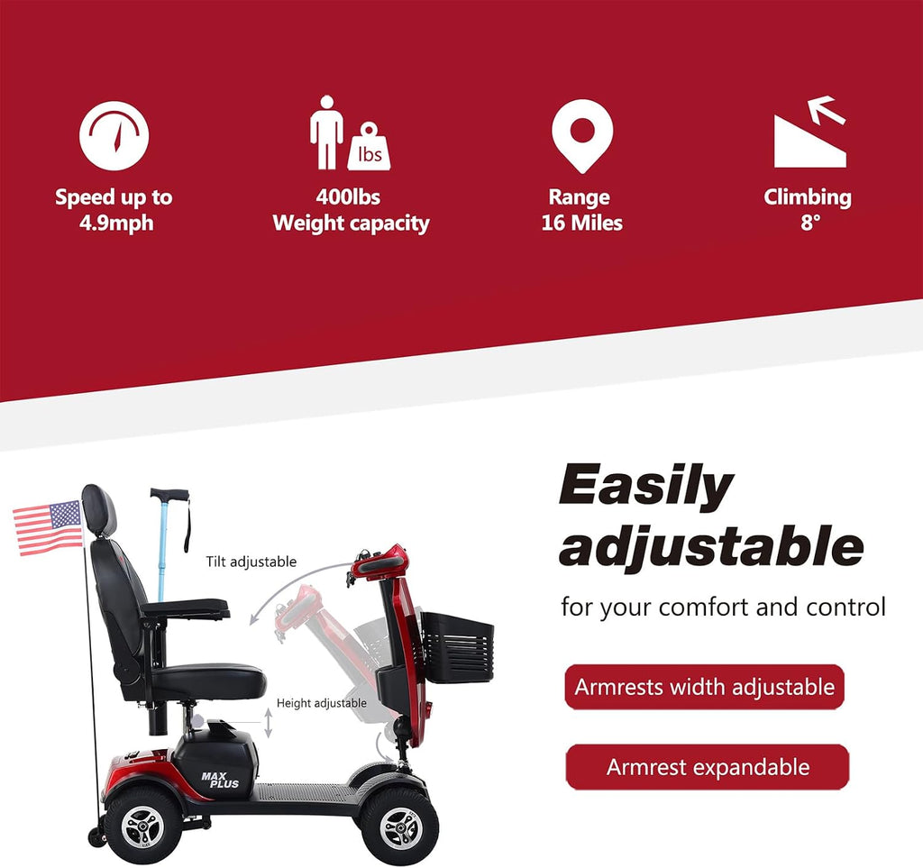 Mobility Scooters for Seniors & Adults 400 Lb Weight Foldable,All-Terrain Heavy Duty 4 Wheel Powered Scooter,Portable Disability Mobile Electric Wheelchair with Comfort Seat,15Miles,5MPH,red