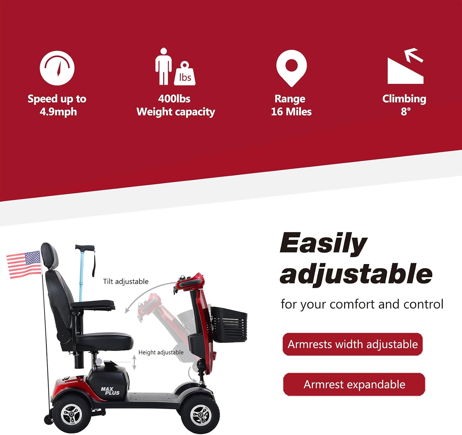 Mobility Scooters for Seniors & Adults 400 Lb Weight Foldable,All-Terrain Heavy Duty 4 Wheel Powered Scooter,Portable Disability Mobile Electric Wheelchair with Comfort Seat,15Miles,5MPH,red
