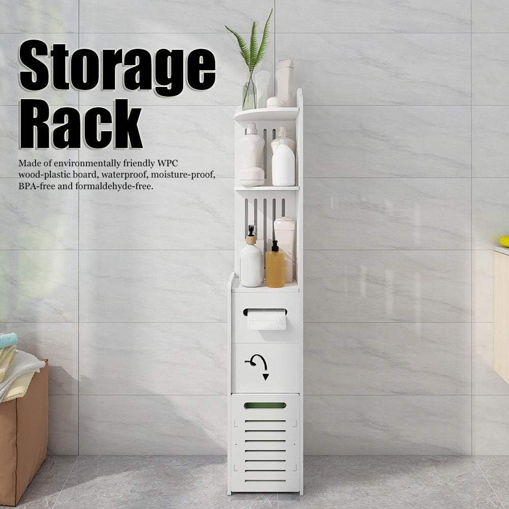 Greensen Small Bathroom Storage Corner Floor Cabinet, White Standing Storage Organizer Side Cabinet Thin Toilet Vanity Cabinet with Doors and Shelf for Paper Holder Shampoo