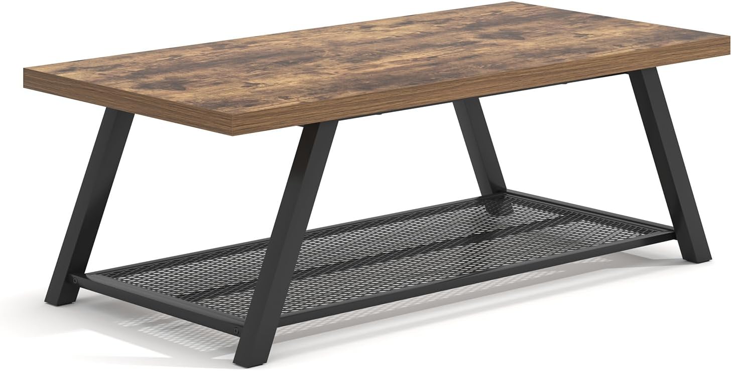 FOLUBAN Modern Coffee Table, Wood and Metal Coffee Tables for Living Room with Storage Shelf, Industrial Rectangle Cocktail Tea Table, Rustic Brown, 47 Inch