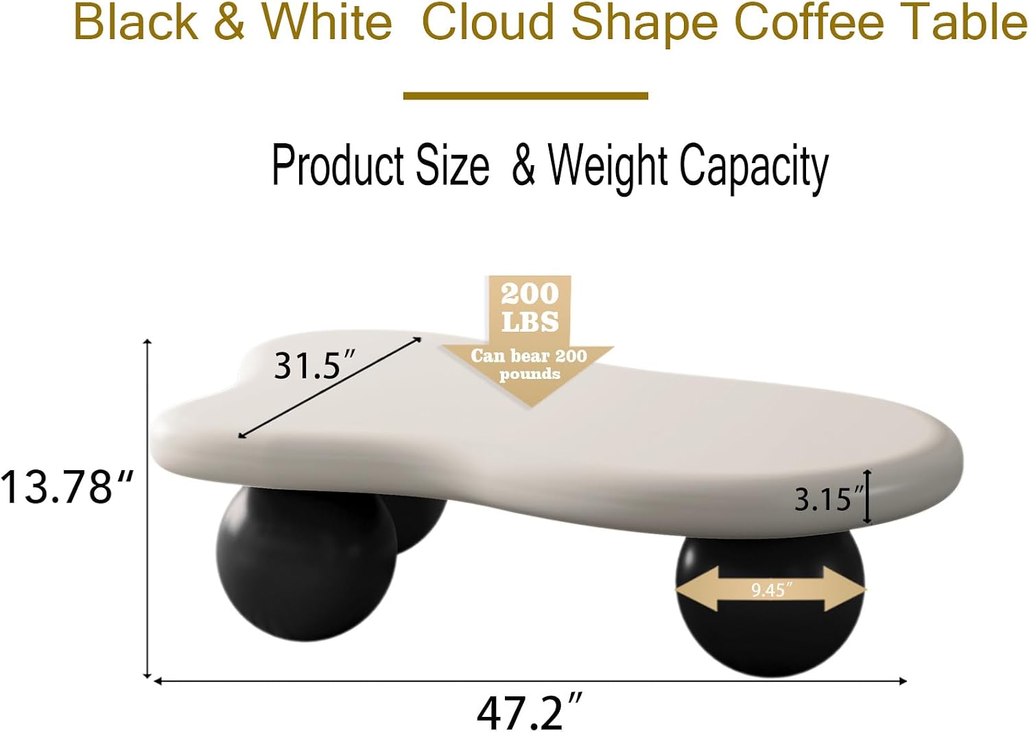 47' Cloud Coffee Table,Modern Cute End Table with Ball Legs,Small Round Edge Tea Table,Irregular Indoor Wood Coffee Table for Living Room, Bedroom, Small Space,Balcony,Patio Cream White+Black