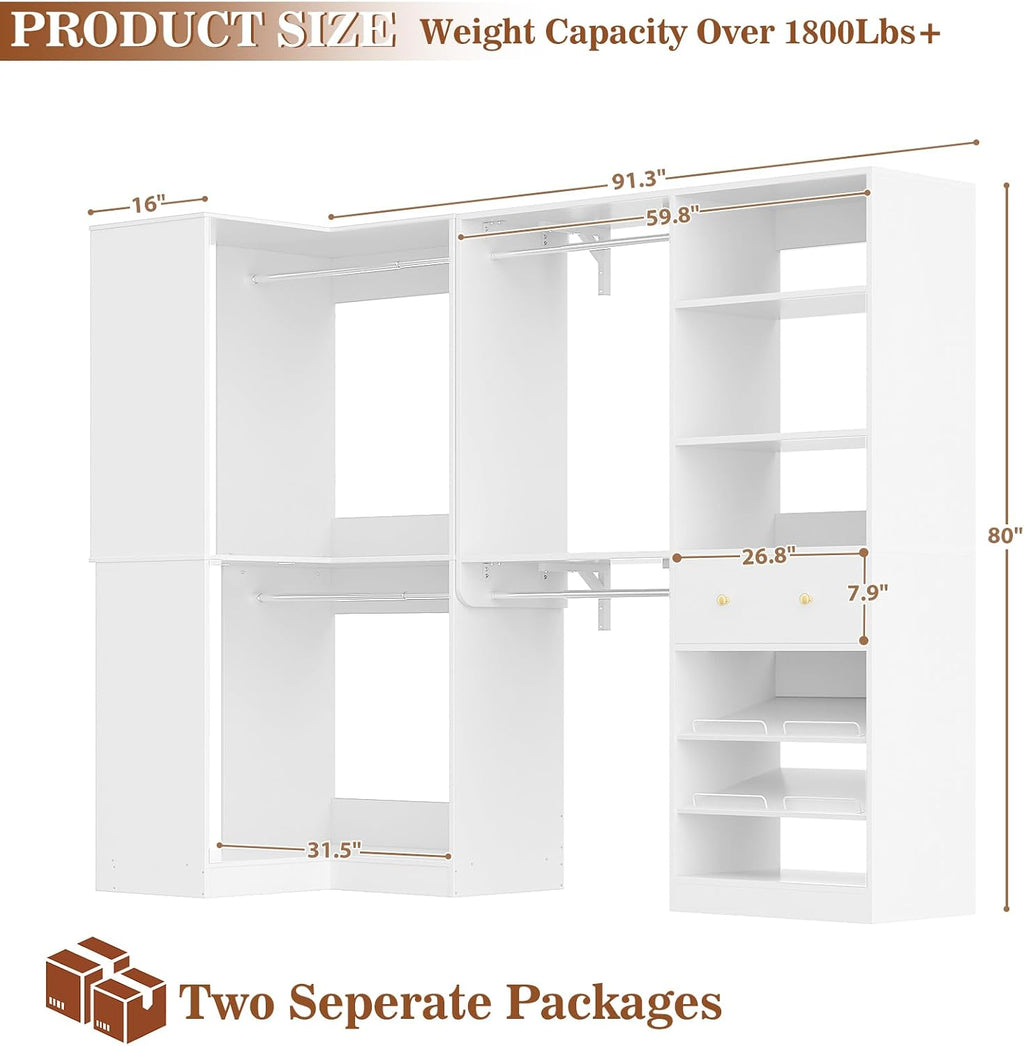 Armocity Closet System Set of 2 - Corner Closet Organizer System with Drawer/9 Shelves/4 Hanging Rods, 91.3' L-Shaped Walk-In Wardrobe Organizer, 1800+ lbs Capacity, White