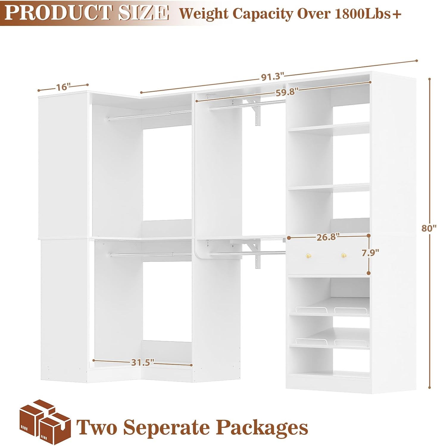 Armocity Closet System Set of 2 - Corner Closet Organizer System with Drawer/9 Shelves/4 Hanging Rods, 91.3' L-Shaped Walk-In Wardrobe Organizer, 1800+ lbs Capacity, White